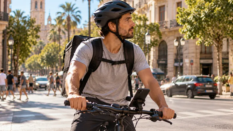 Un repartidor en bicicleta se detiene en un cruce soleado y mira a su alrededor, con el móvil sujeto al manillar.