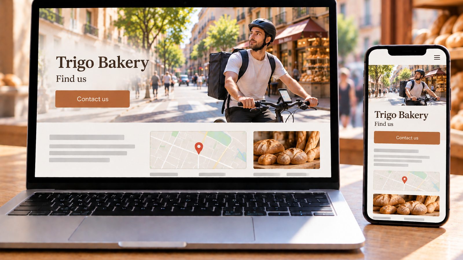 Laptop and smartphone display a bakery website with a location map and bread photos in desktop and mobile layouts.