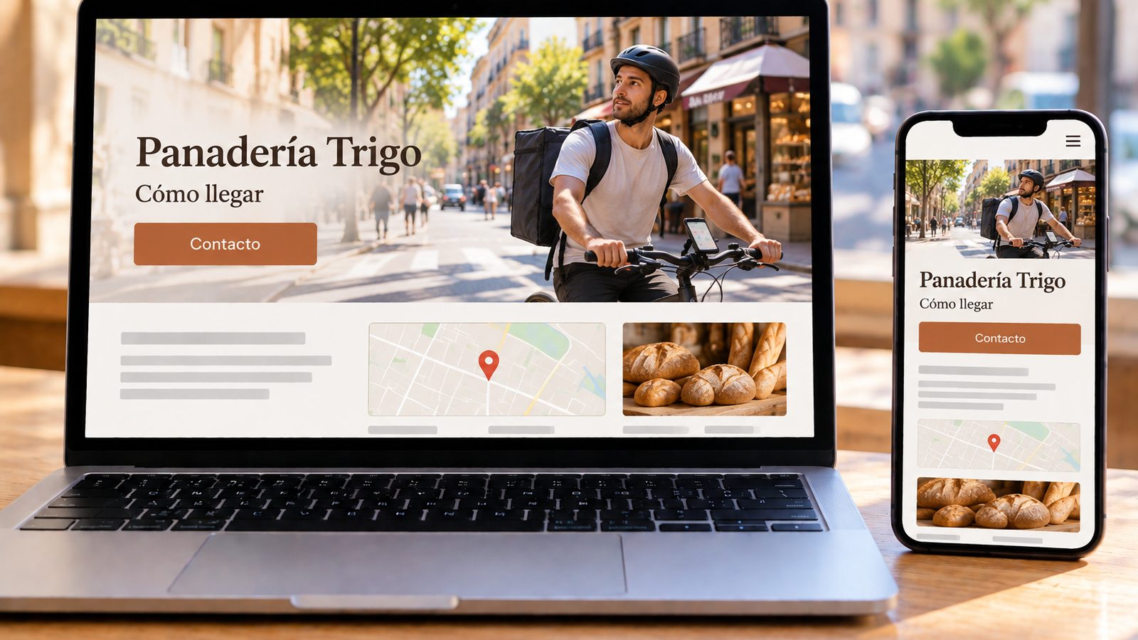 Un portátil y un móvil muestran la web de una panadería con un mapa de ubicación y fotografías de pan.