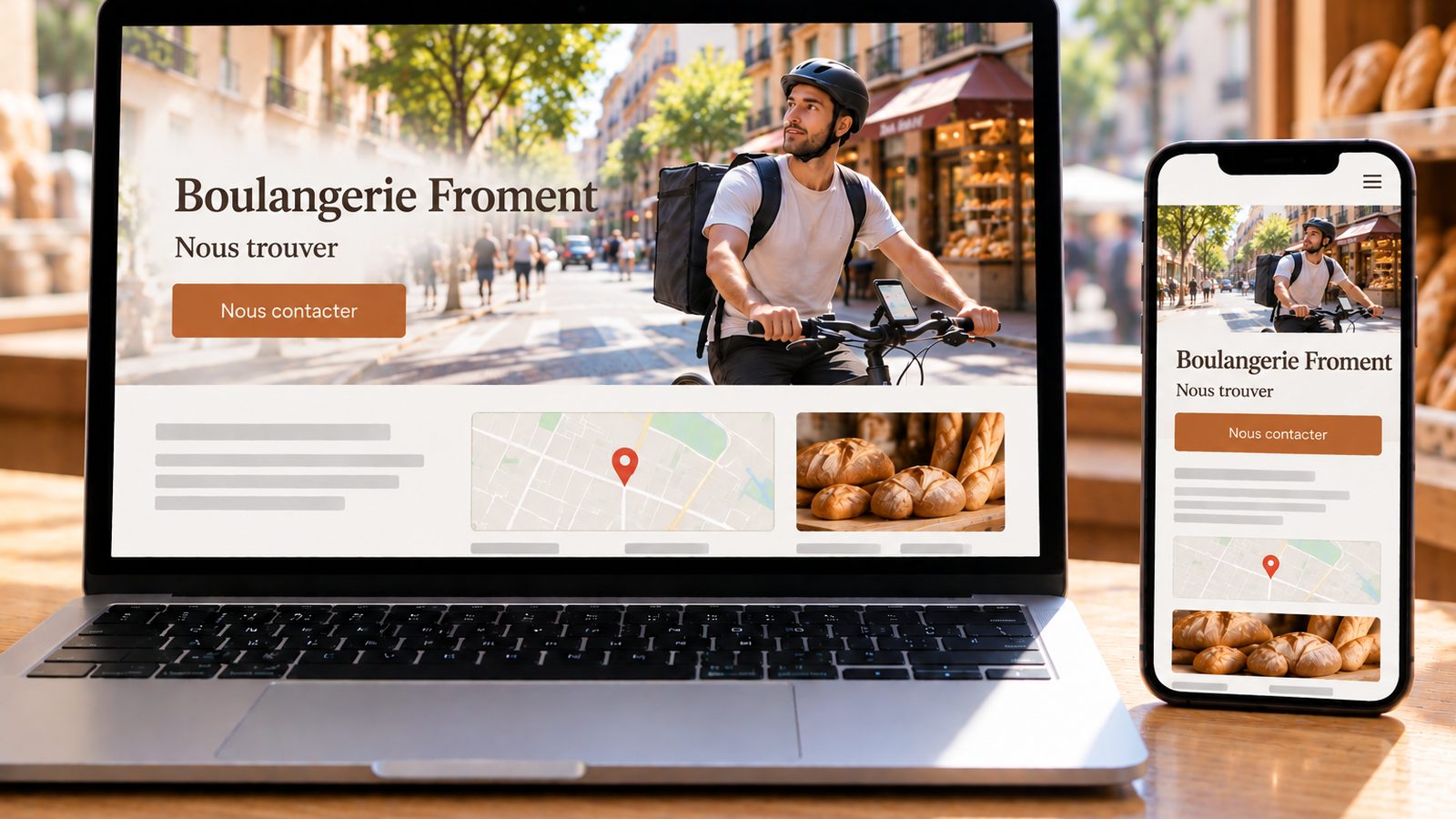 Un ordinateur portable et un smartphone affichent le site d’une boulangerie avec une carte et des photos de pain.
