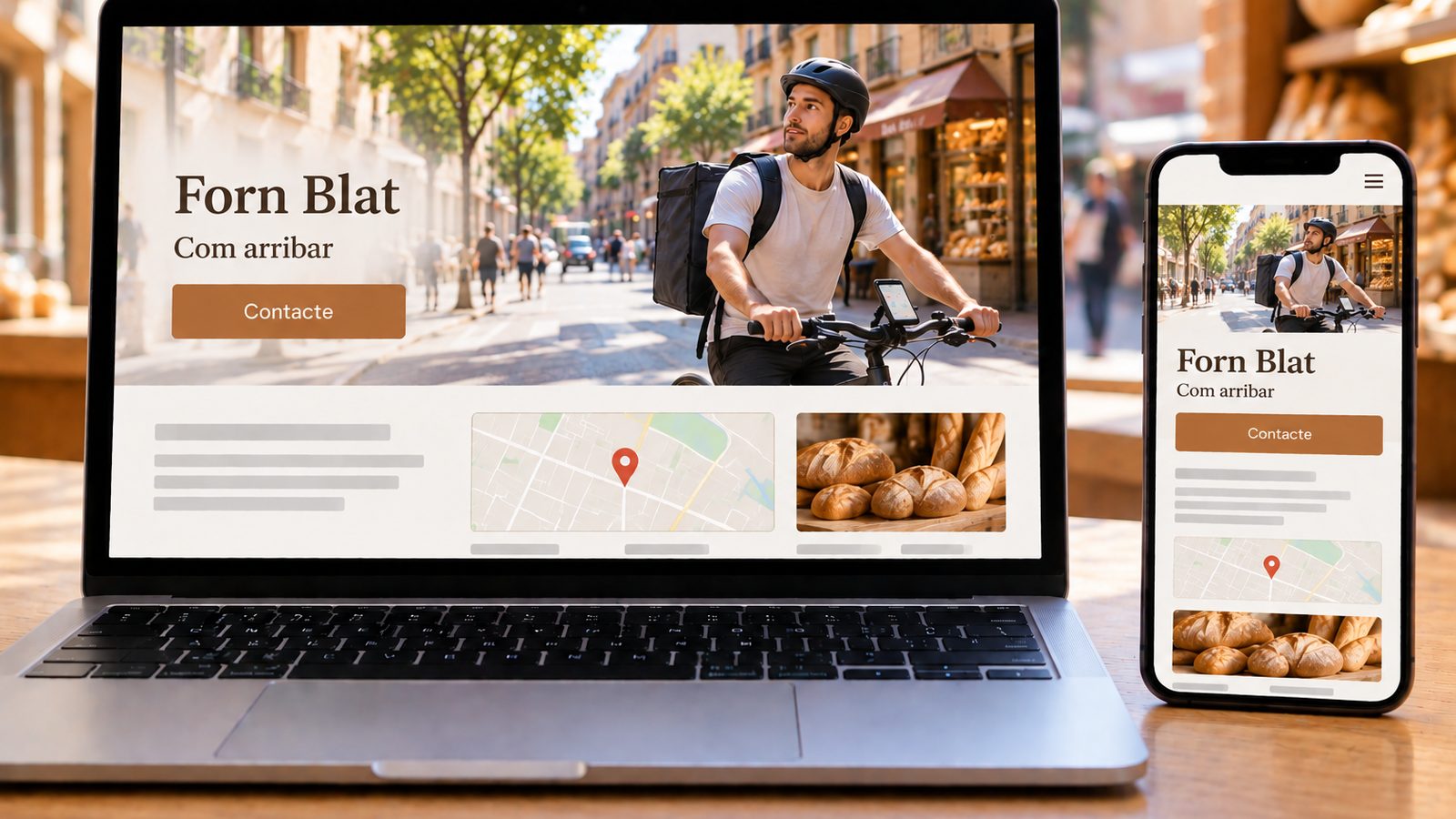 Un ordinador portàtil i un mòbil mostren la web d’un forn amb un mapa d’ubicació i fotografies de pa.