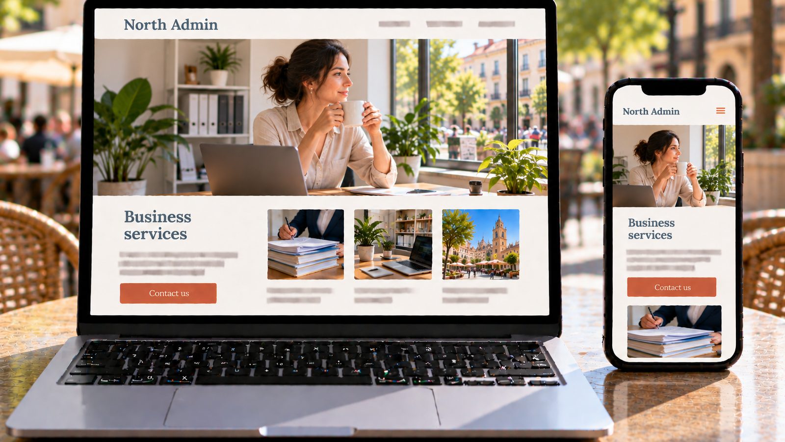 A laptop and smartphone display the North Admin website, featuring a woman drinking coffee in a bright office.