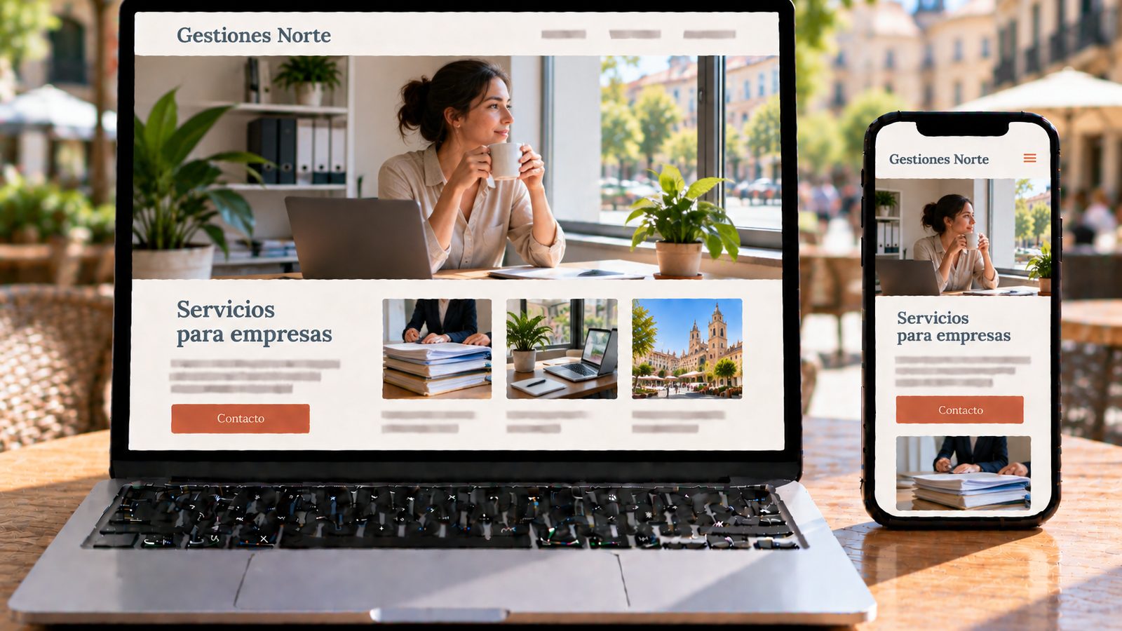 Un portátil y un móvil muestran la web Gestiones Norte, con una empresaria tomando café junto a una ventana.