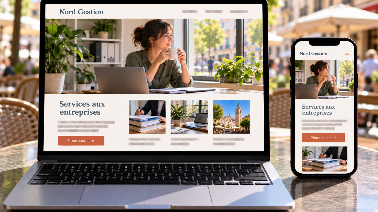 Un ordinateur et un smartphone affichent le site Nord Gestion, avec une femme prenant un café dans un bureau lumineux.