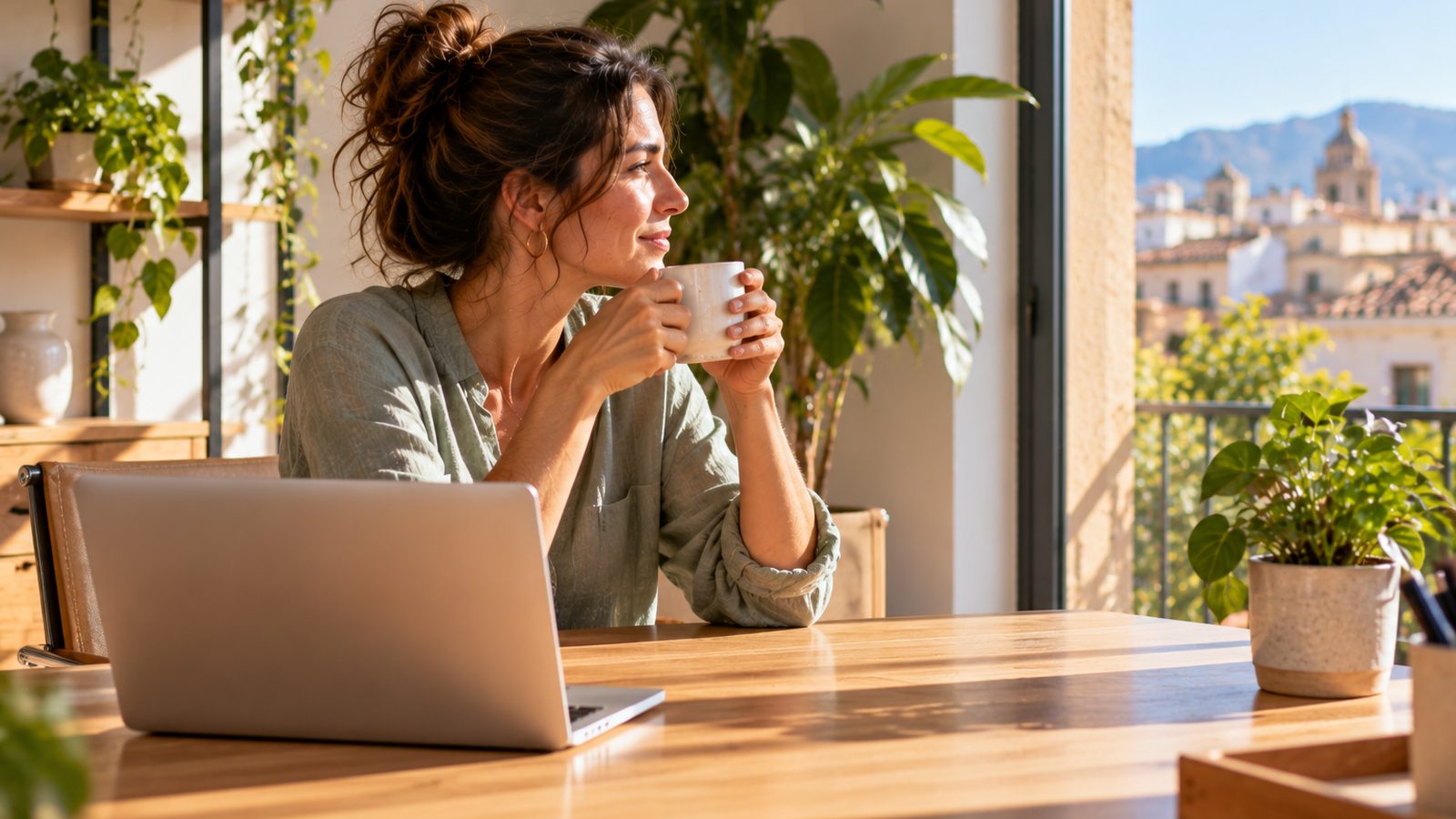 Una empresaria toma café junto a su escritorio en una oficina luminosa con plantas y vistas a la ciudad.