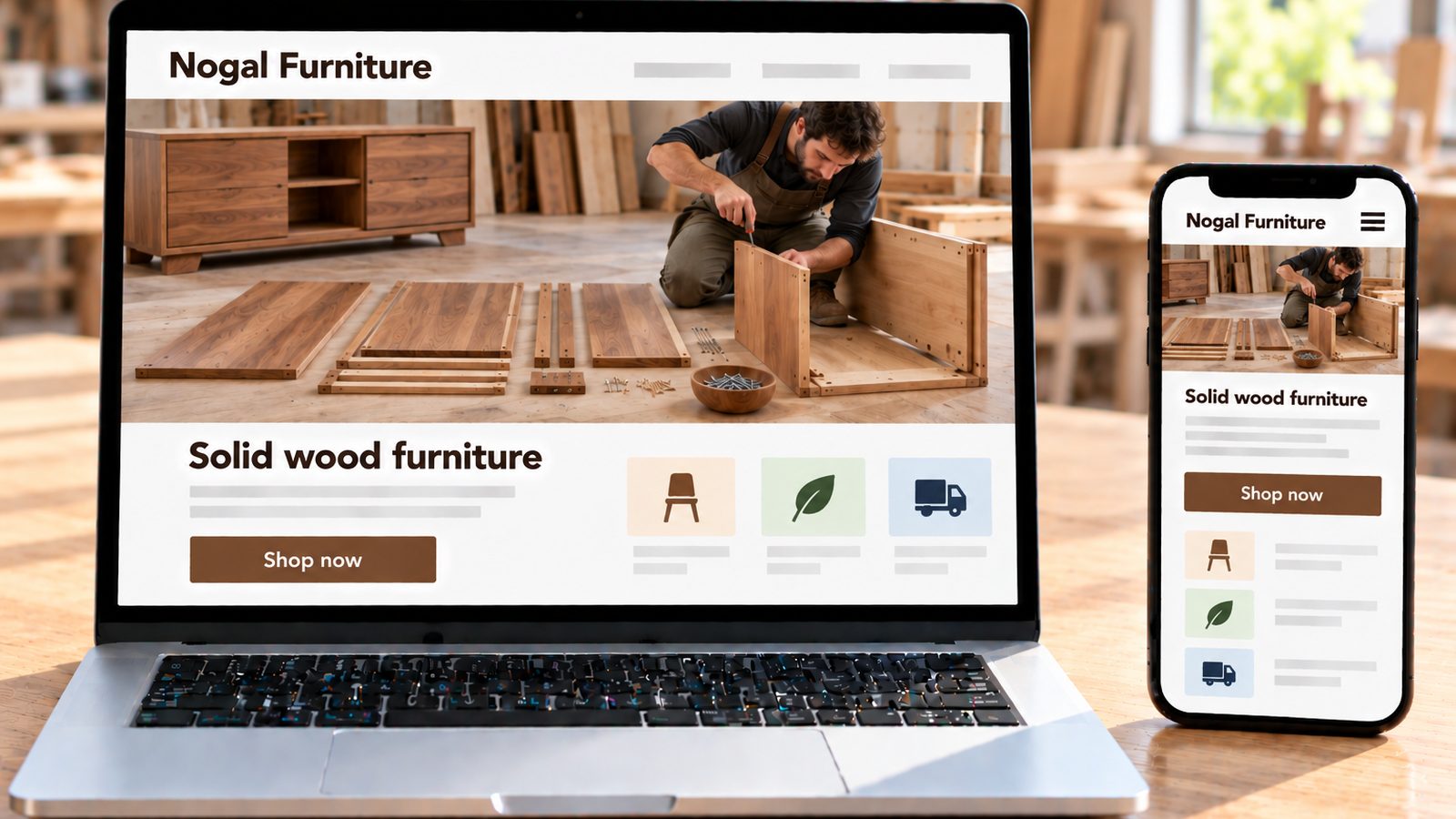 A laptop and smartphone display the Nogal Furniture site with a craftsman assembling solid wood furniture.