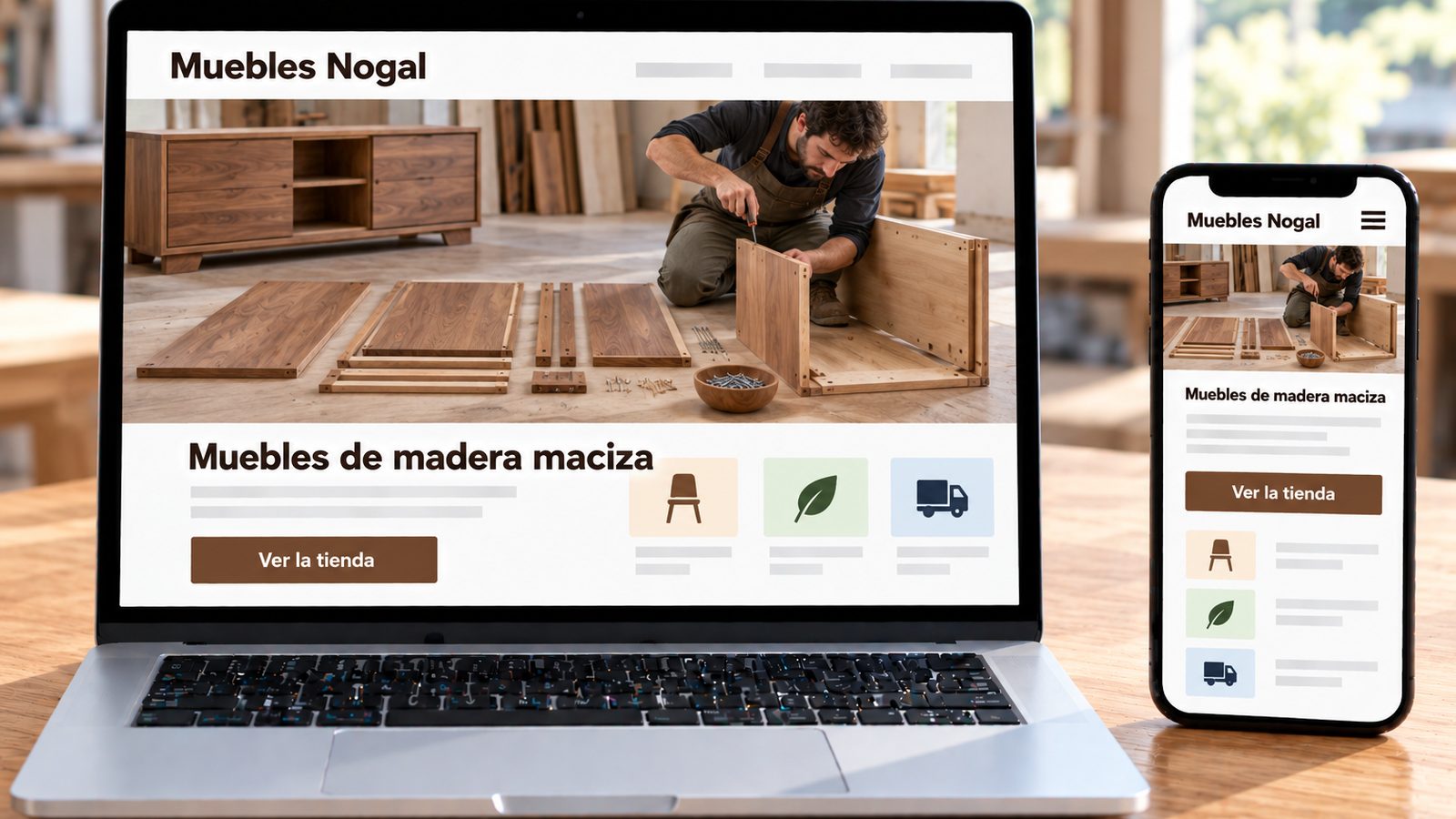 Un portátil y un móvil muestran la web de Muebles Nogal con un artesano montando un mueble.