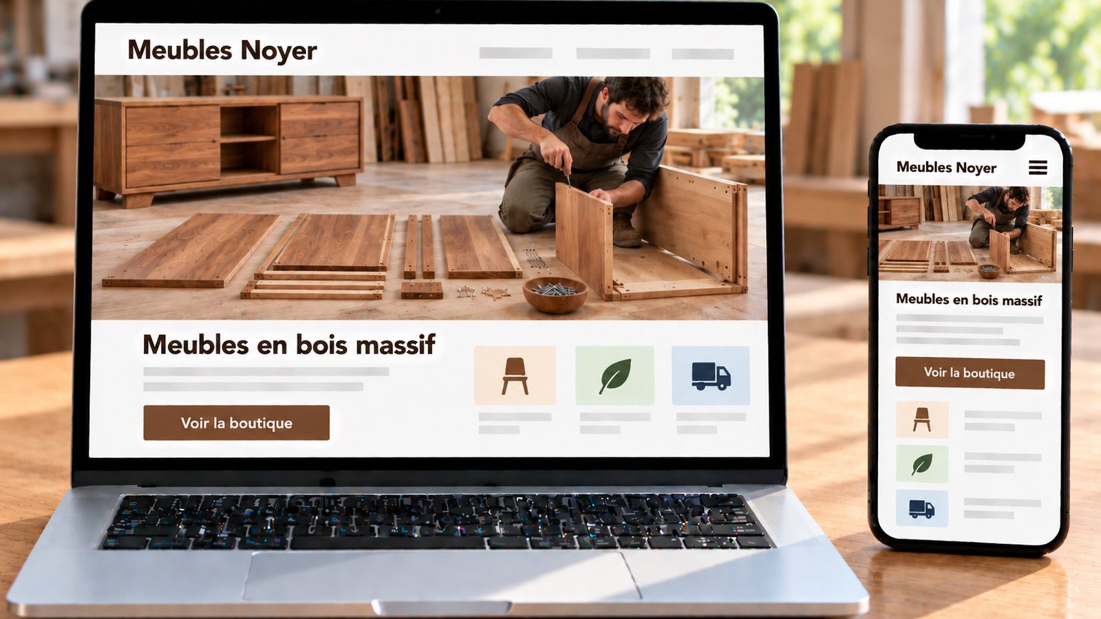 Un ordinateur et un smartphone affichent le site Meubles Noyer avec un artisan montant un meuble.