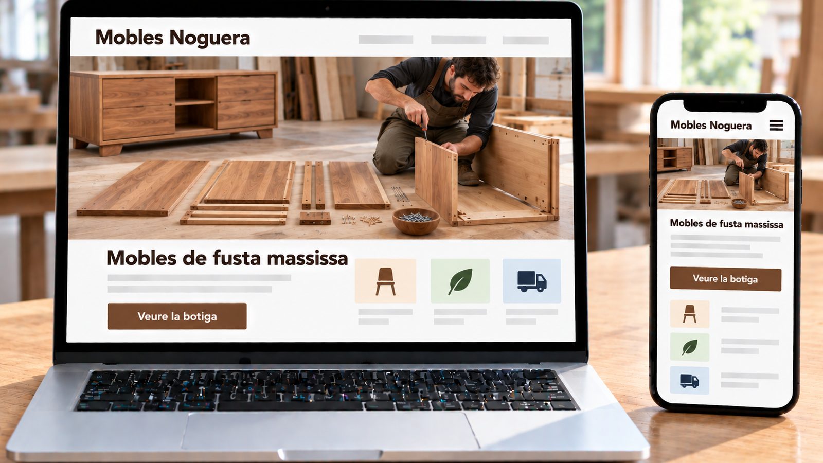 Un ordinador i un mòbil mostren la web de Mobles Noguera amb un artesà muntant un moble.