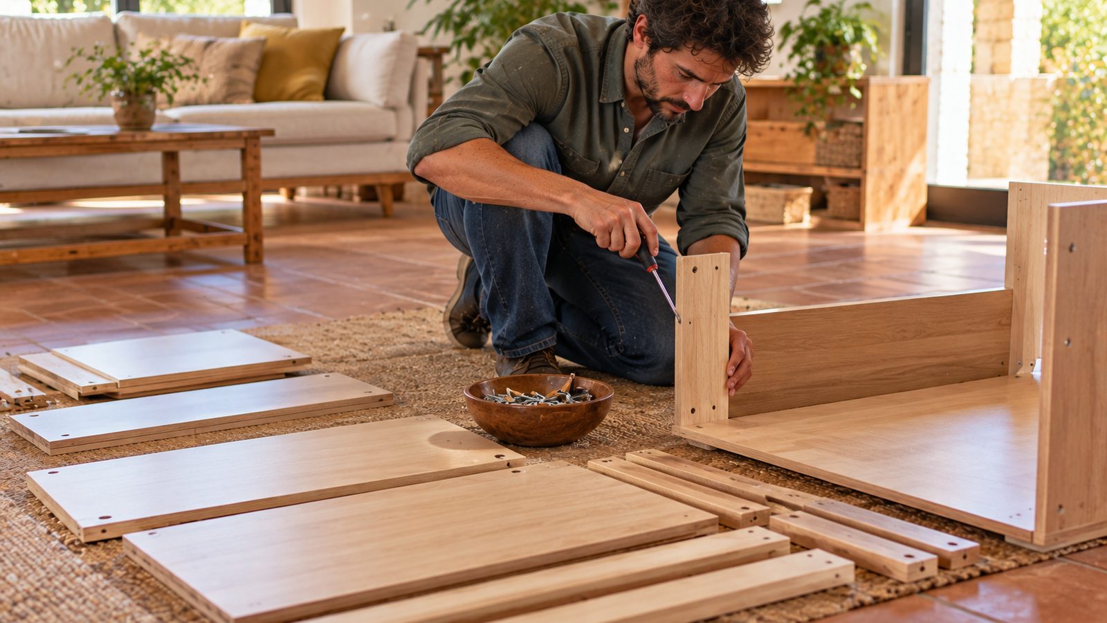Un artesano monta un mueble de madera con un destornillador, con las piezas ordenadas y los tornillos en un cuenco.