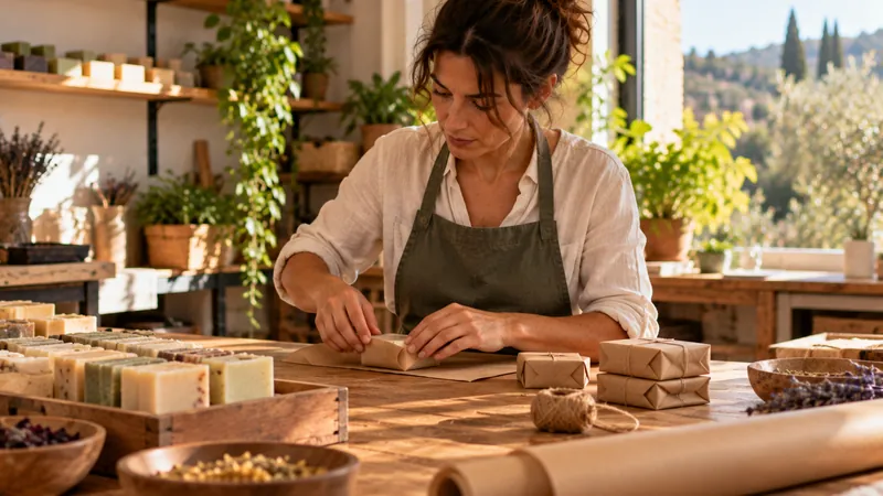 Una artesana envuelve jabones hechos a mano en papel kraft sobre una mesa de trabajo de madera.