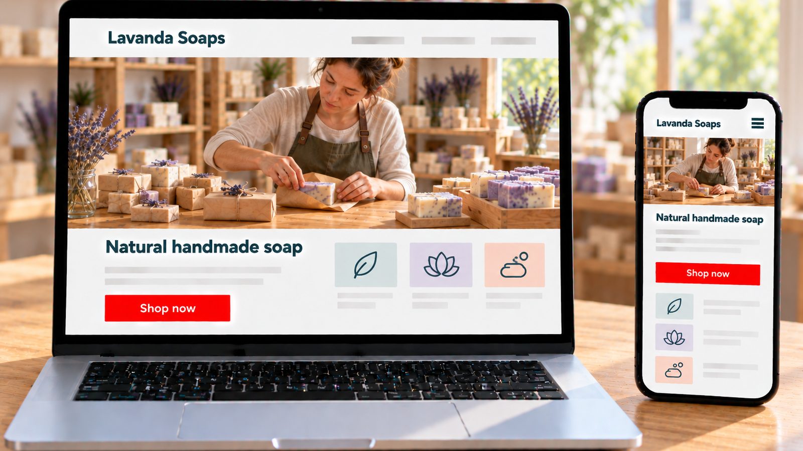 A laptop and smartphone display the Lavanda Soaps site with an artisan wrapping handmade soaps.