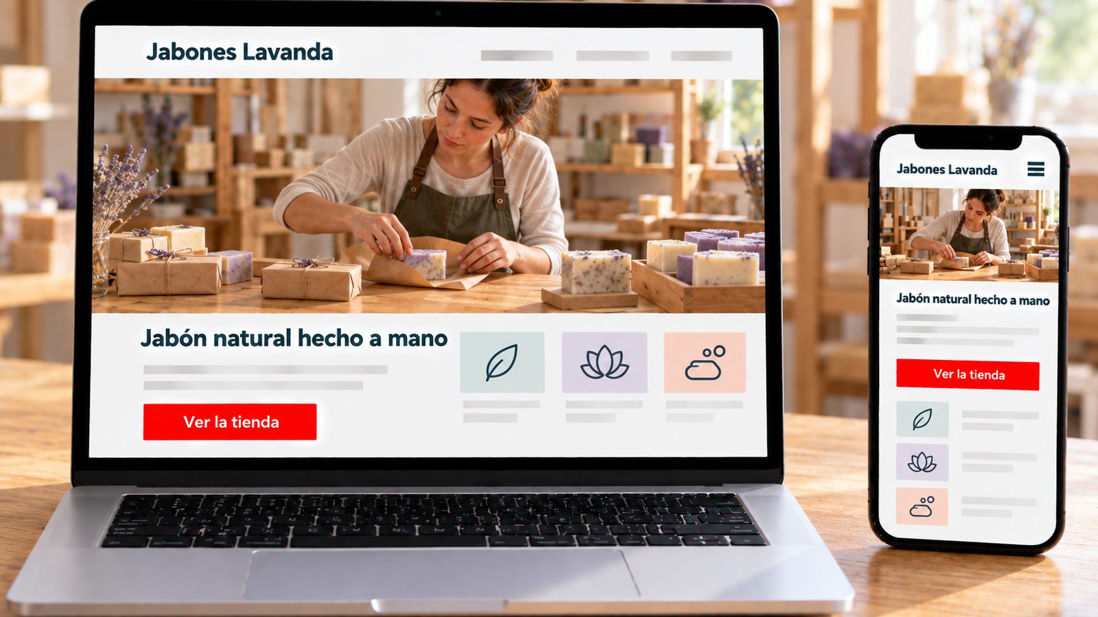 Un portátil y un móvil muestran la web de Jabones Lavanda con una artesana envolviendo jabones.