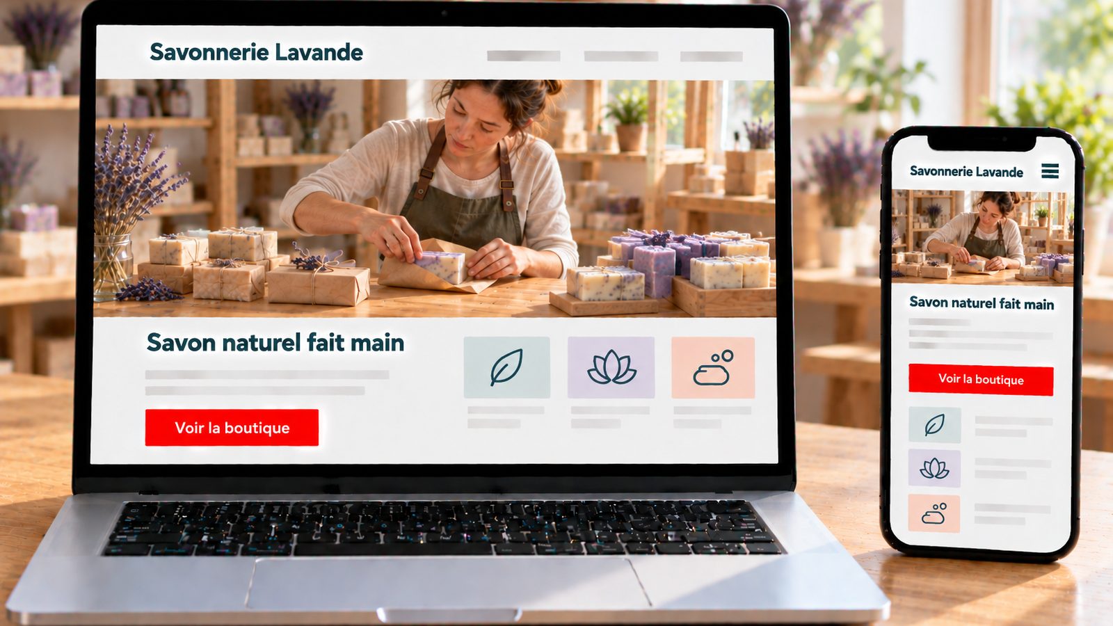 Un ordinateur et un smartphone affichent le site Savonnerie Lavande avec une artisane emballant des savons.