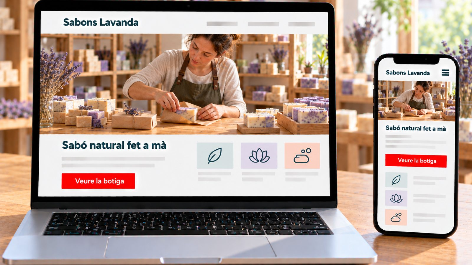 Un ordinador i un mòbil mostren la web de Sabons Lavanda amb una artesana embolicant sabons.