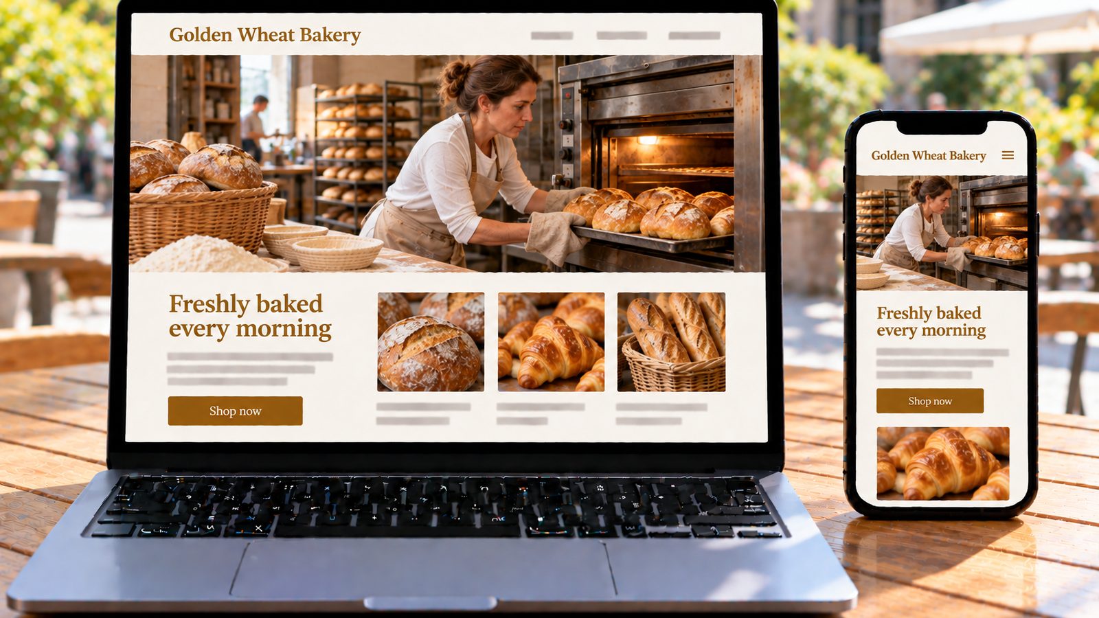 Laptop and phone display the Golden Wheat Bakery website, featuring a baker taking fresh bread from the oven.