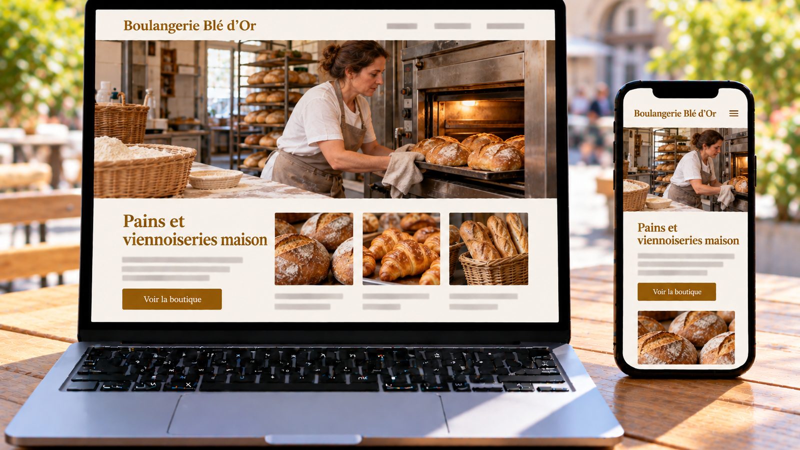 Un ordinateur et un téléphone affichent le site Boulangerie Blé d'Or, avec une boulangère sortant du pain du four.