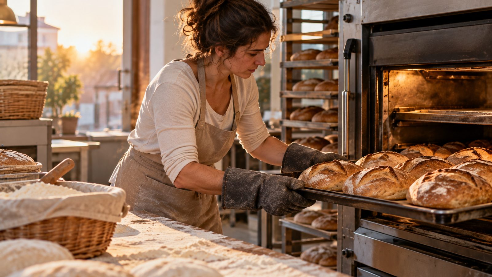 Une boulangère sort une plaque de pains dorés du four au lever du jour, dans une boulangerie farinée.