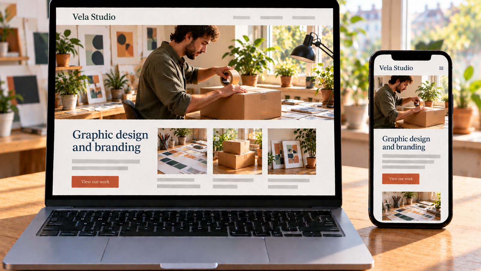 A laptop and smartphone display the same graphic designer portfolio website in desktop and mobile layouts.