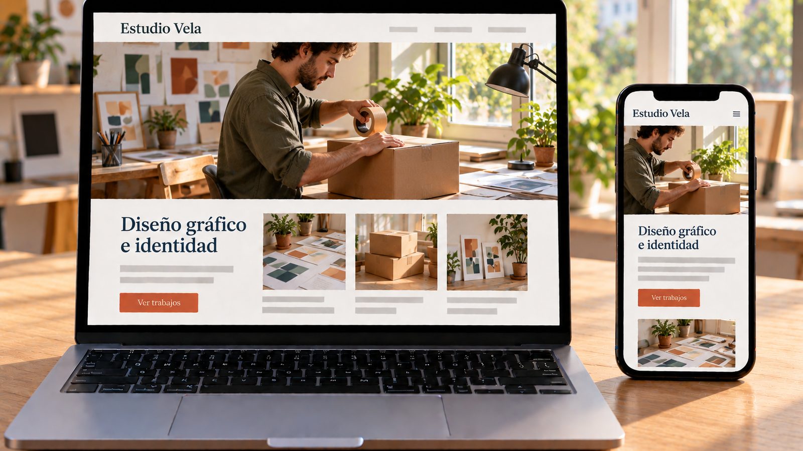 Un portátil y un móvil muestran la misma web de un diseñador gráfico en versiones de escritorio y móvil.