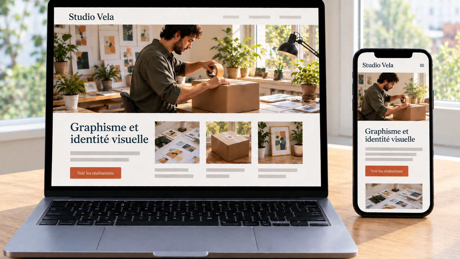 Un ordinateur et un smartphone affichent le même portfolio de graphiste en versions ordinateur et mobile.