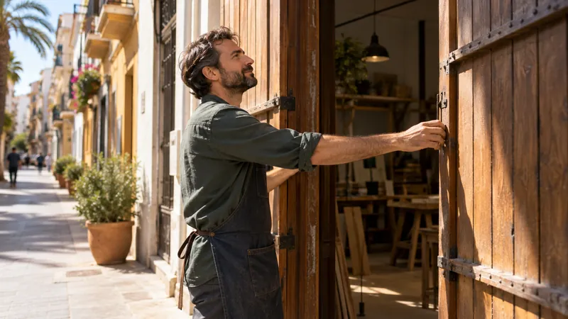 Un hombre abre las contraventanas de su taller en una calle soleada de estilo mediterráneo.