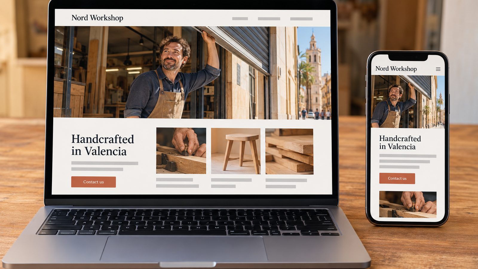 Laptop and smartphone display the same artisan workshop website in desktop and mobile layouts.
