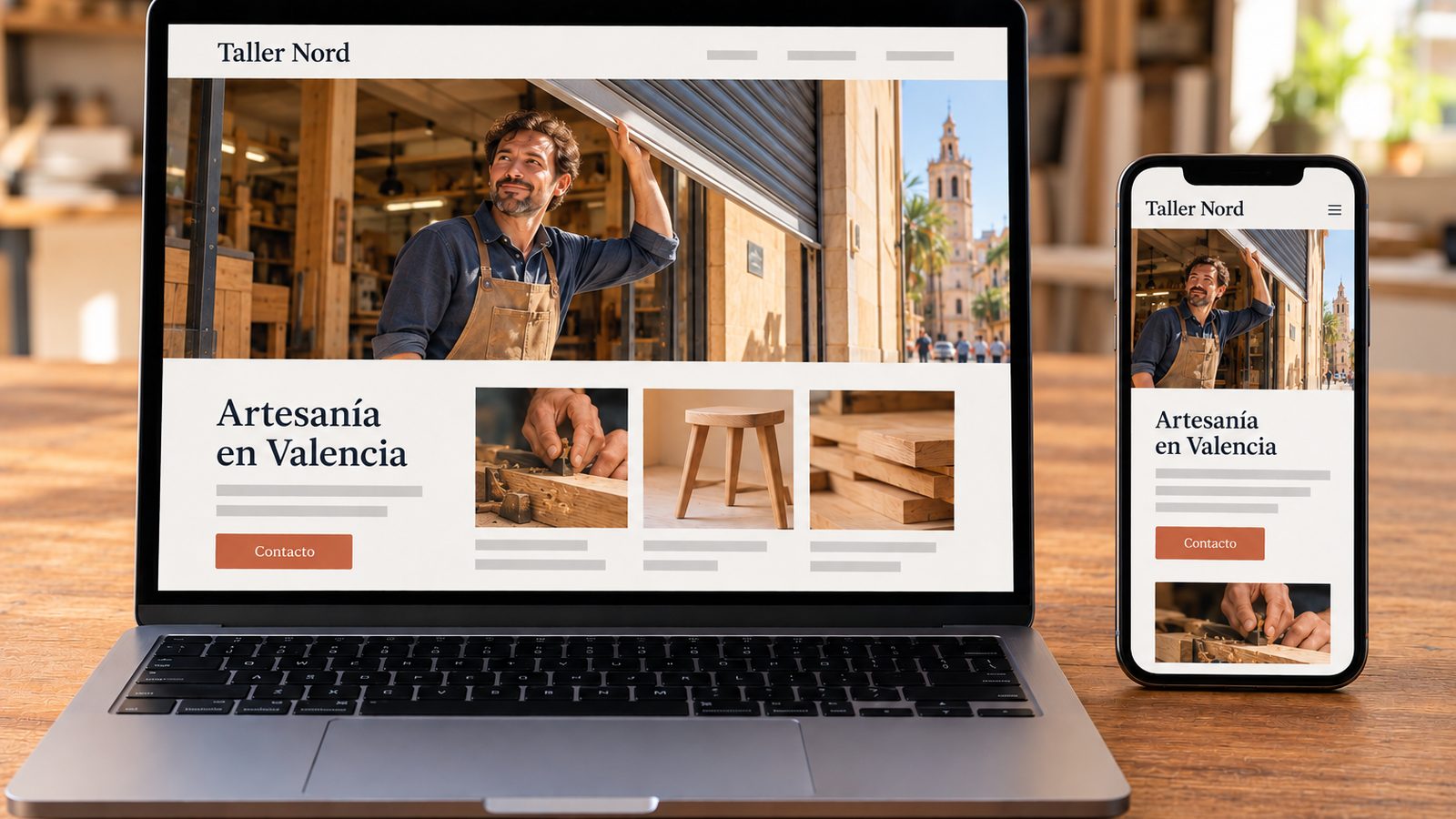 Un portátil y un móvil muestran la misma web de un taller artesanal en versiones de escritorio y móvil.