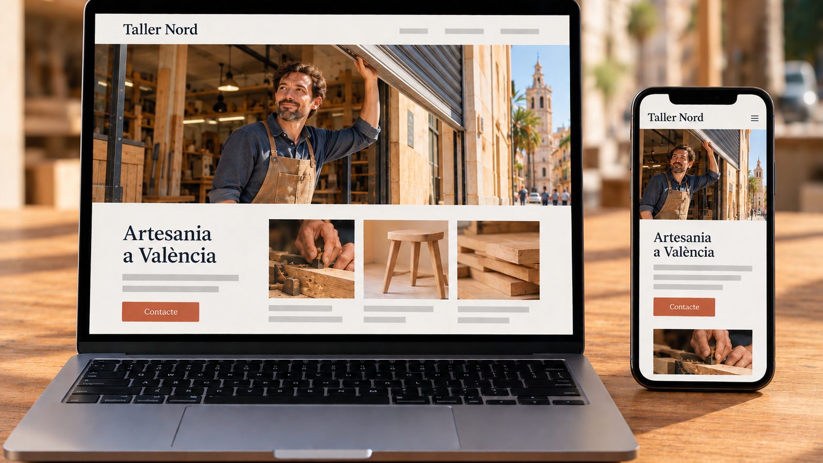 Un portàtil i un mòbil mostren la mateixa web d'un taller artesanal en versions d'escriptori i mòbil.