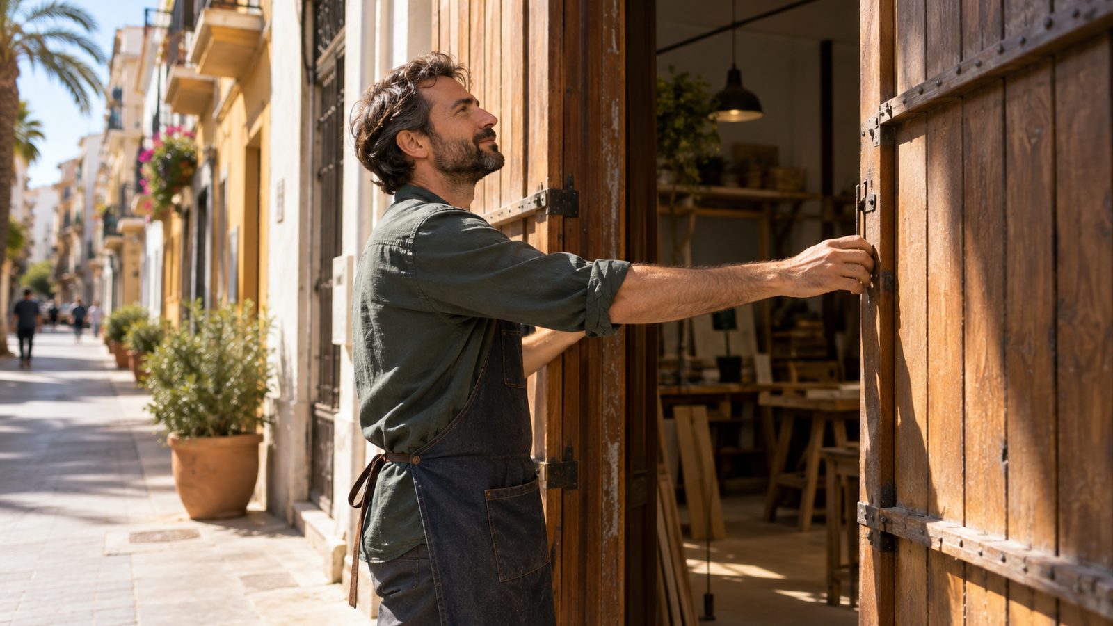 Un homme ouvre les volets de son atelier dans une rue ensoleillée d’inspiration méditerranéenne.