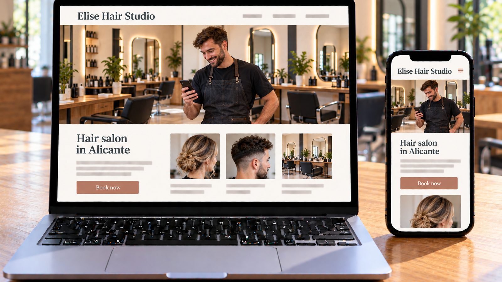 Laptop and phone display the Elise Hair Studio website, featuring a smiling hairdresser in his salon.