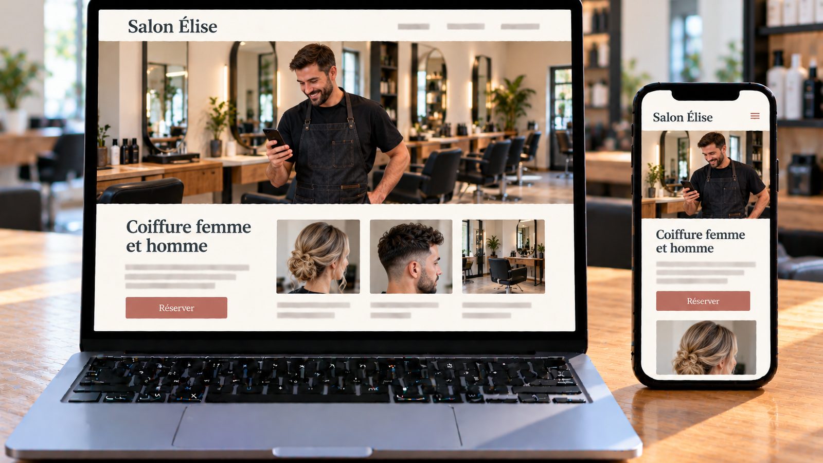 Un ordinateur et un téléphone affichent le site Salon Élise, avec un coiffeur souriant dans son salon avant l'ouverture.