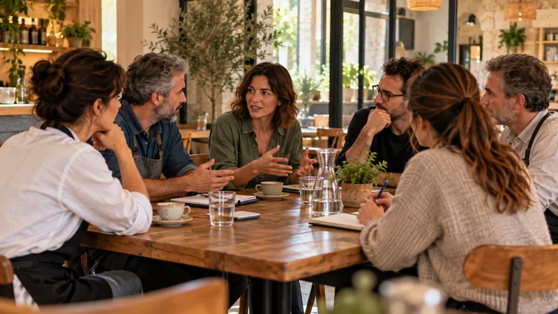 Seis comerciantes conversan alrededor de una mesa de madera en la sala trasera de un café luminoso.