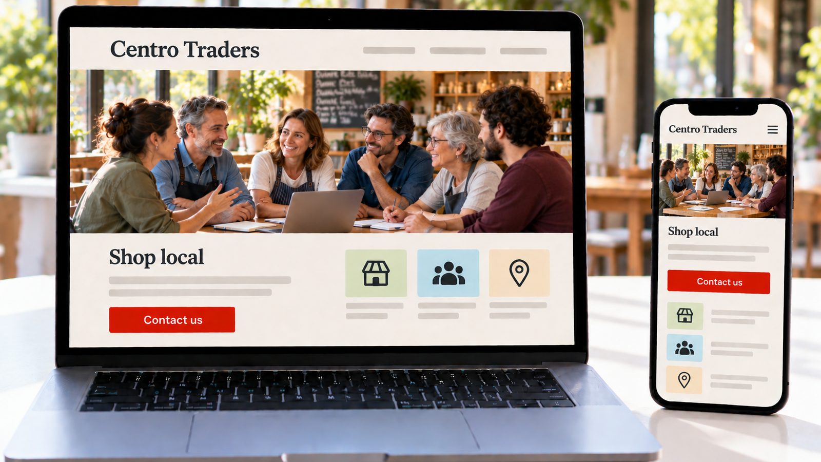 A laptop and smartphone display a merchants' association website in desktop and mobile layouts.