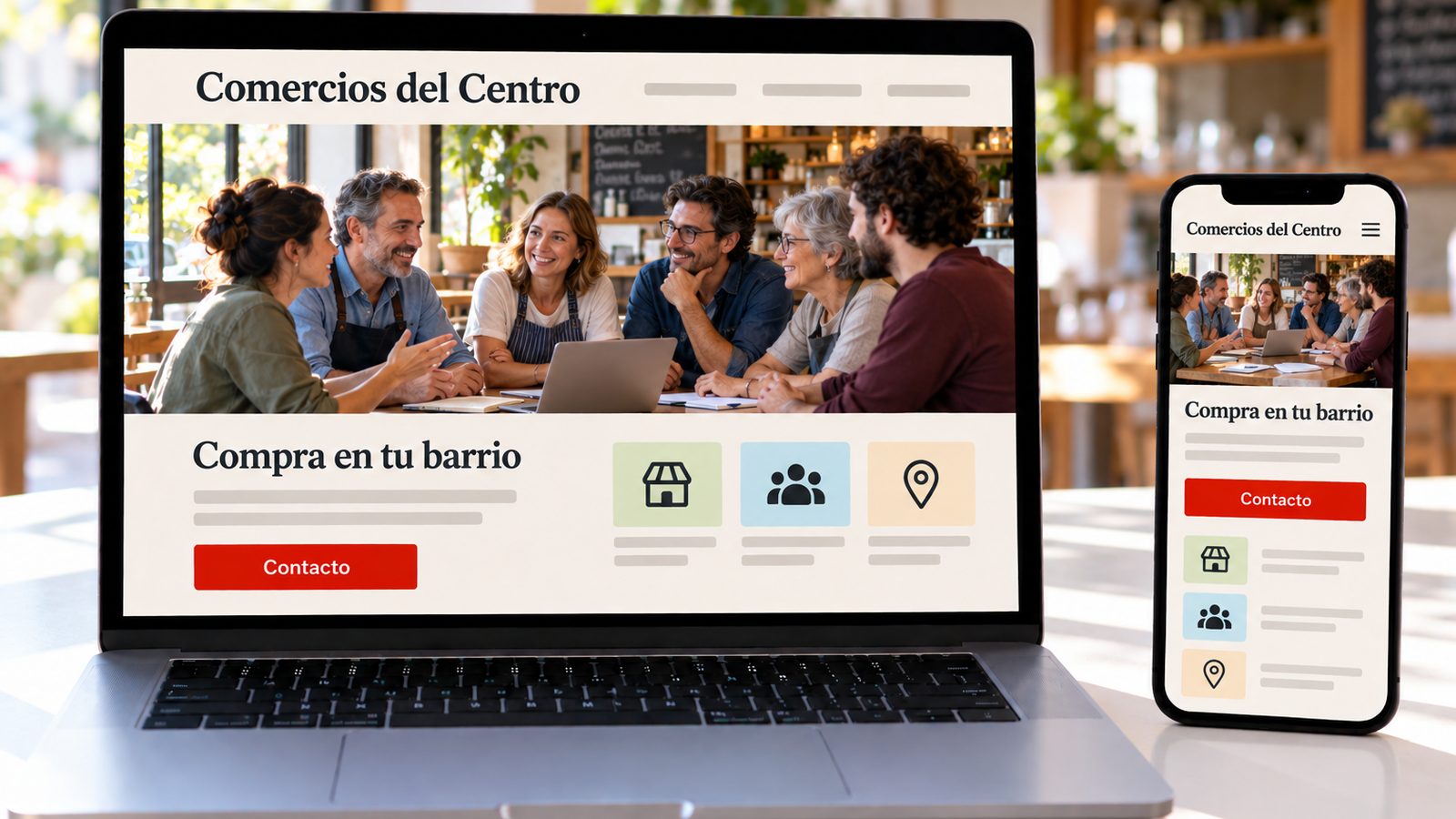 Un portátil y un móvil muestran la web de una asociación de comerciantes en versiones de escritorio y móvil.