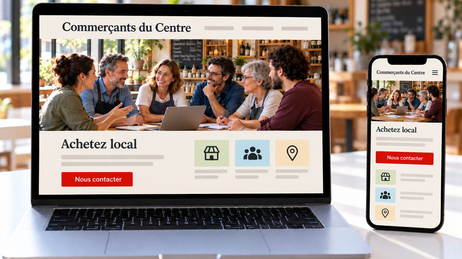 Un ordinateur et un smartphone affichent le site d'une association de commerçants en versions adaptées.