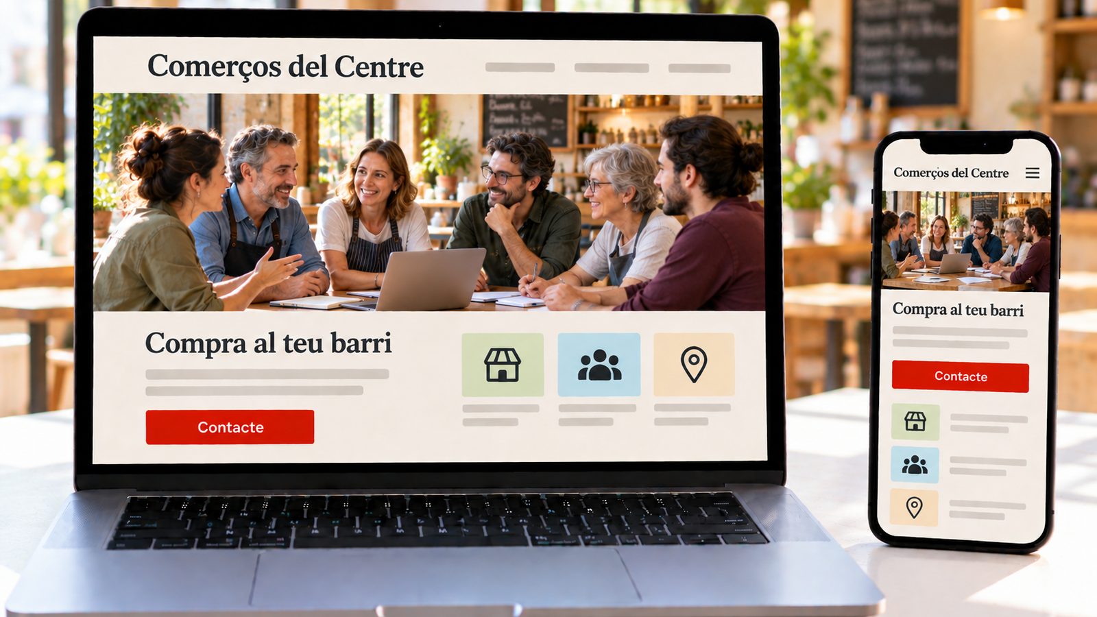 Un ordinador i un mòbil mostren la web d'una associació de comerciants adaptada a cada pantalla.