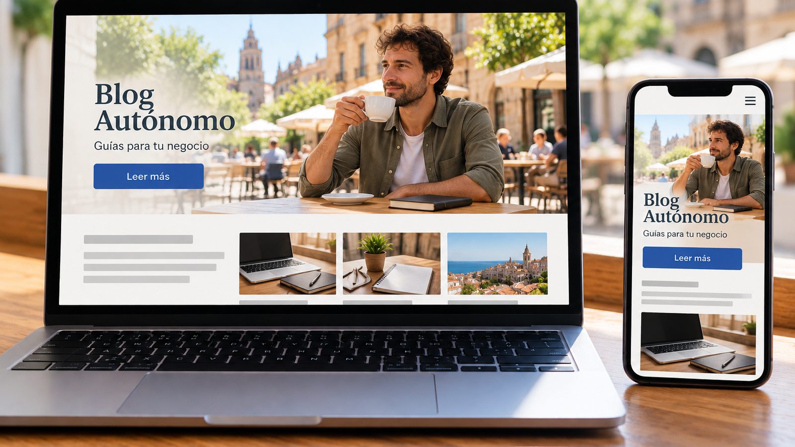 Ordenador portátil y móvil muestran un blog para autónomos con consejos, artículos y una imagen de un hombre tomando café.