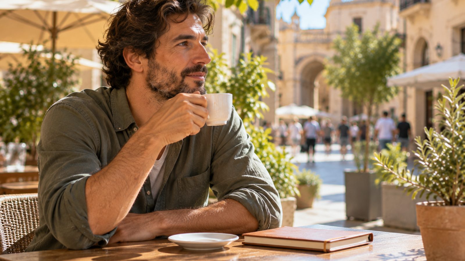 Un autónomo toma café en una terraza soleada por la mañana, con un cuaderno cerrado junto a la taza.