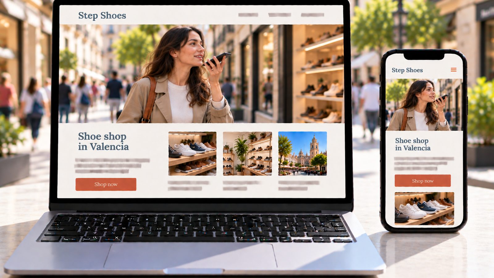 A laptop and smartphone display the Step Shoes website, featuring a woman using her phone on a shopping street.