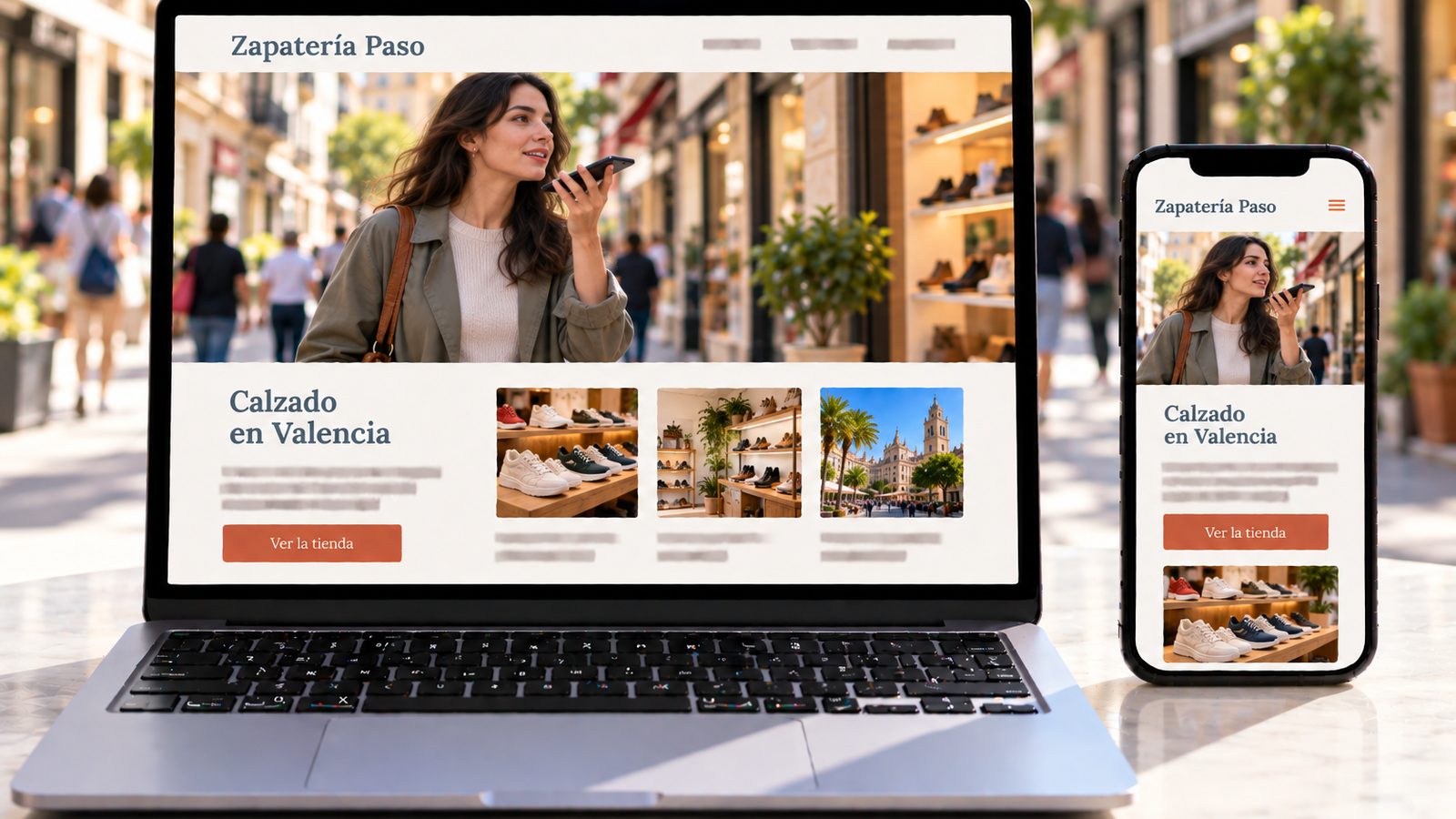 Un portátil y un móvil muestran la web Zapatería Paso, con una mujer usando el teléfono en una calle comercial.