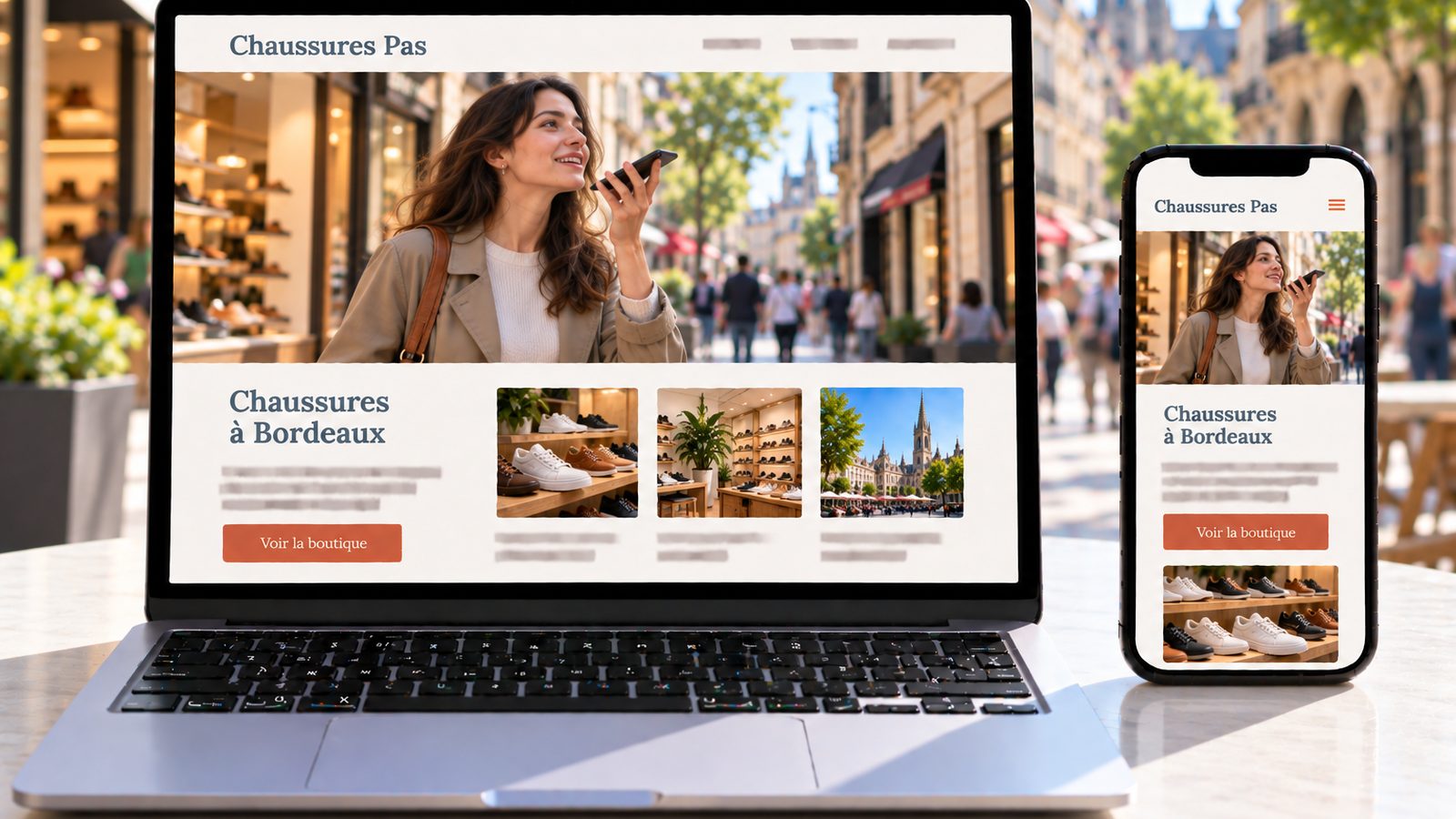 Un ordinateur et un smartphone affichent le site Chaussures Pas, avec une femme utilisant son téléphone dans une rue commerçante.