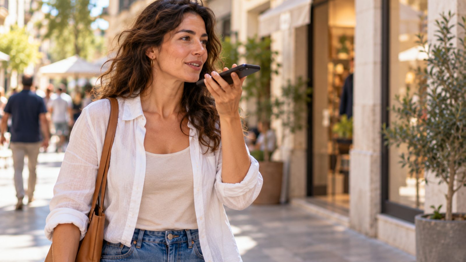 Una mujer camina por una calle comercial y habla a su teléfono, con escaparates desenfocados al fondo.