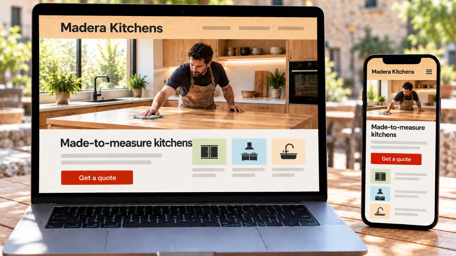A laptop and smartphone display a custom kitchen company's website in desktop and mobile layouts.