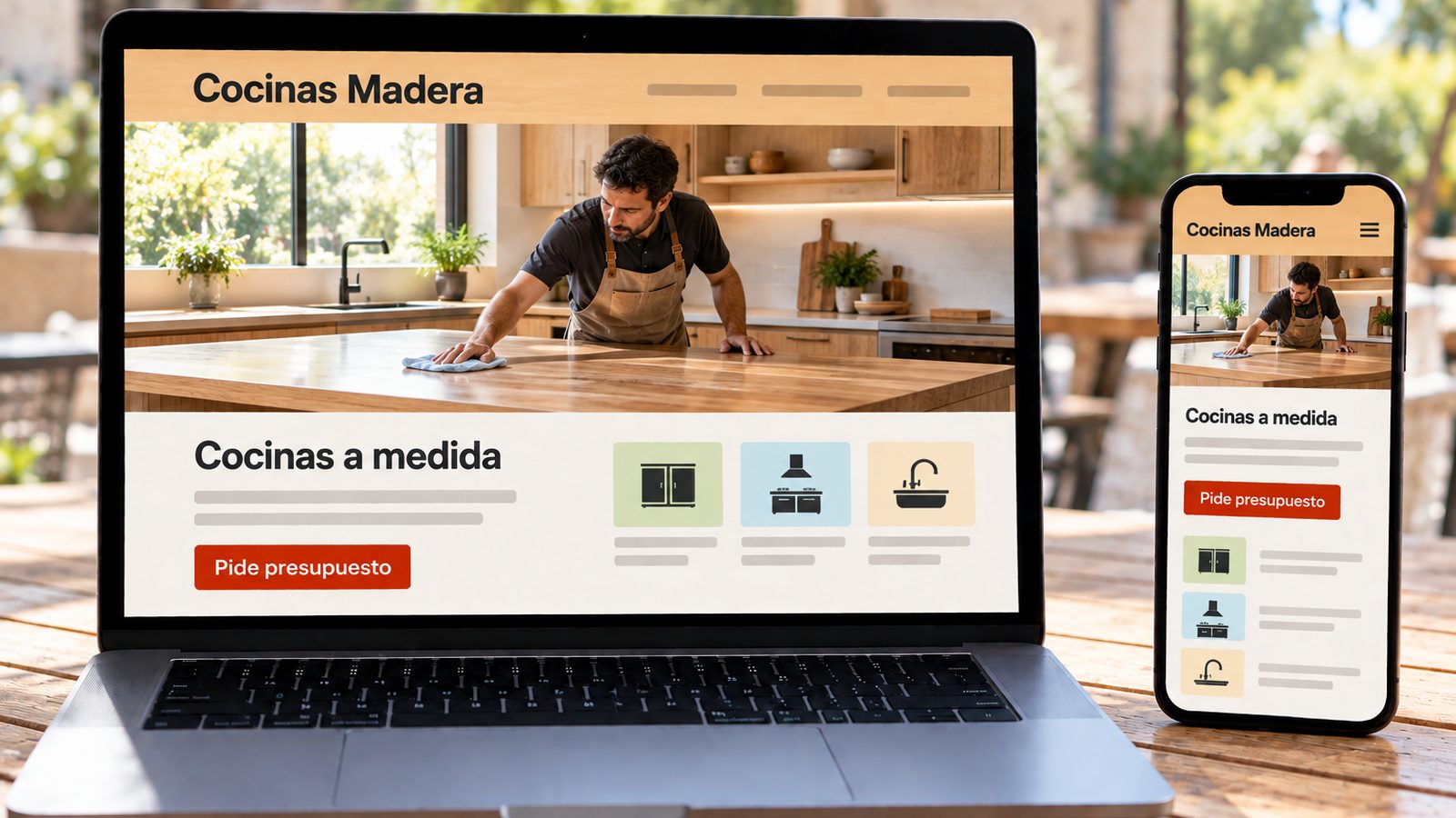 Un portátil y un móvil muestran la web de una empresa de cocinas a medida en versiones de escritorio y móvil.