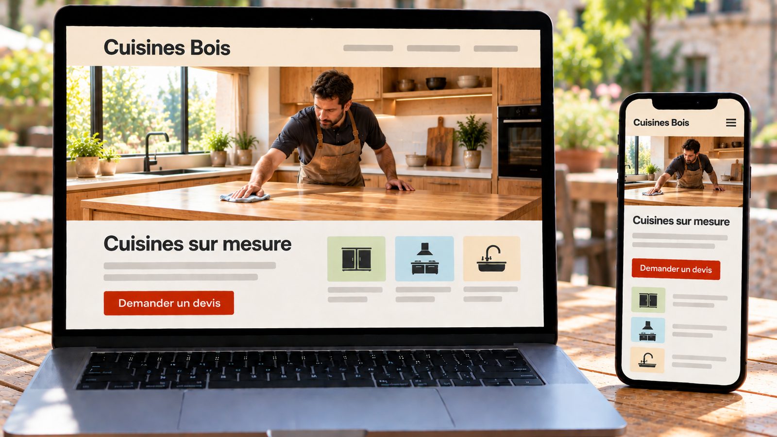 Un ordinateur et un smartphone affichent le site d'un cuisiniste en versions ordinateur et mobile.
