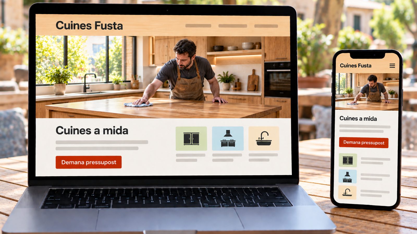 Un ordinador i un mòbil mostren la web d'una empresa de cuines a mida adaptada a cada pantalla.
