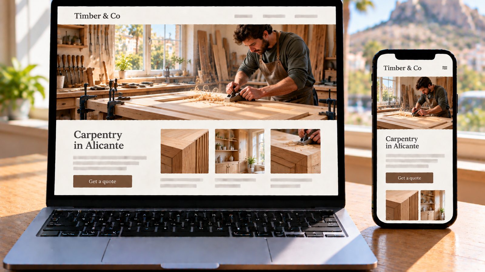 Laptop and phone display the Timber & Co website, featuring a carpenter planing wood in his workshop.