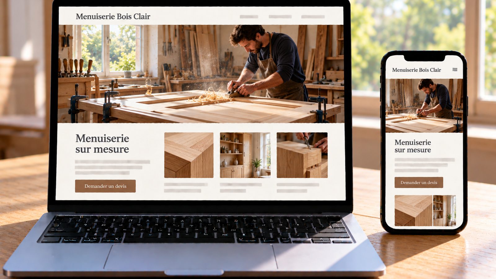 Un ordinateur et un téléphone affichent le site Menuiserie Bois Clair, avec un menuisier travaillant le bois dans son atelier.