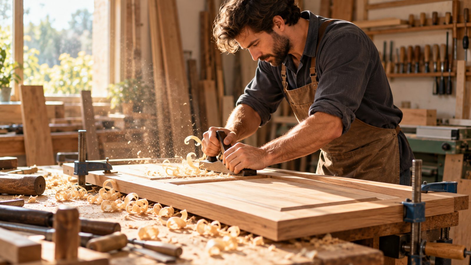 A carpenter planes a wooden panel by hand in his workshop, surrounded by wood shavings and tools.